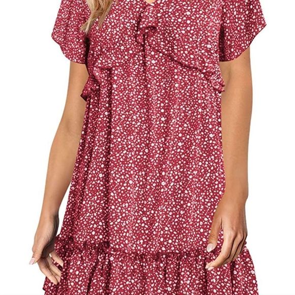 NWT FOWSMON Womens Ruffle Flowy Swing Dress Short Sleeve V Neck Loose Fit - Picture 4 of 7